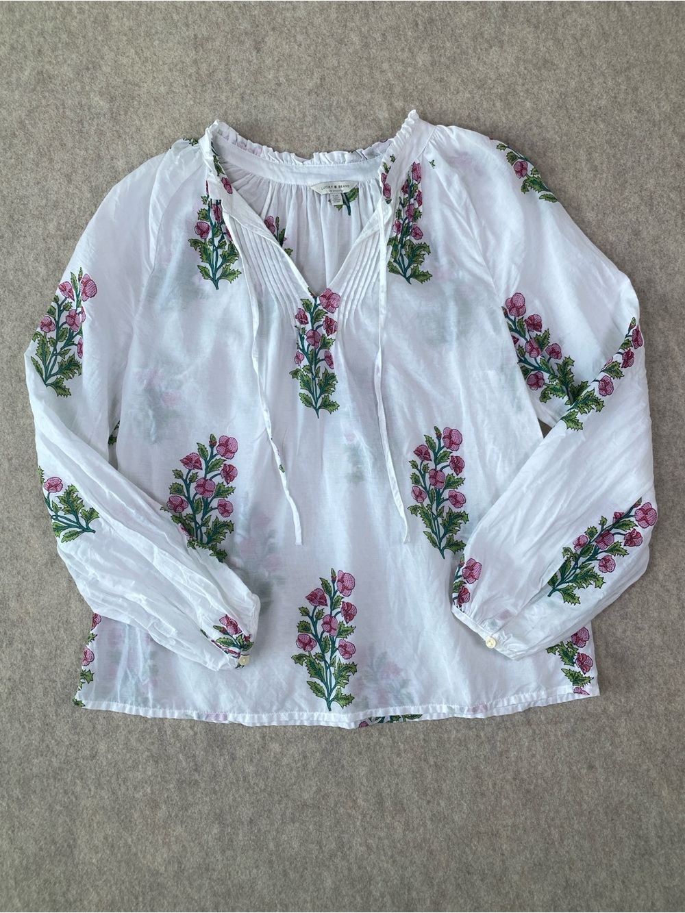 Lucky Brand White Boho Peasant Blouse with Pink and Green Floral Print